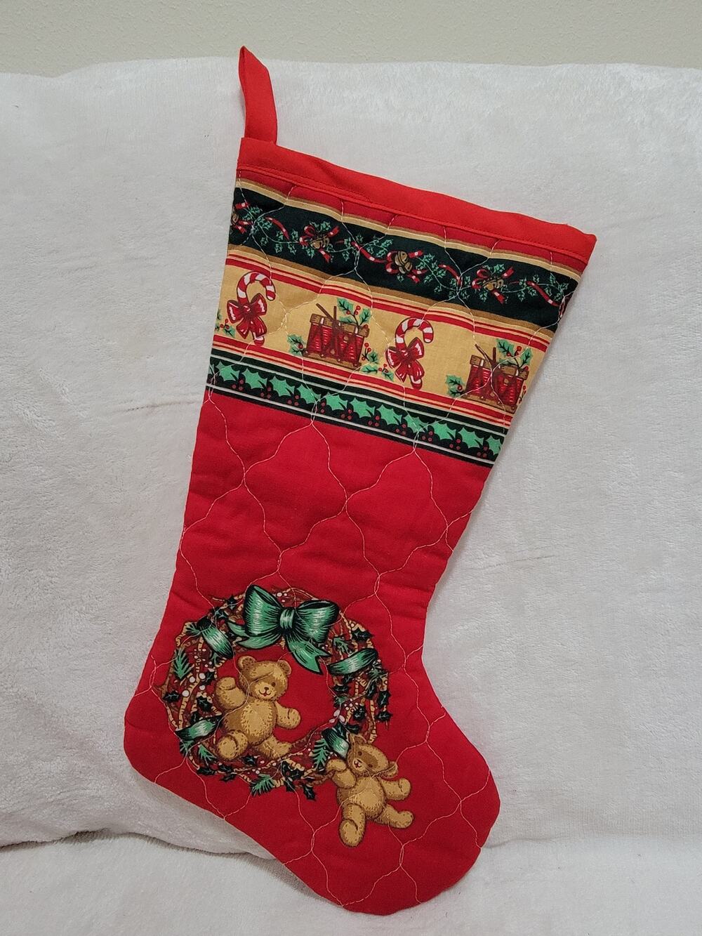 Vintage 1980 Style Quilted Red Country Christmas Stocking Teddy Bears 14.5” EUC